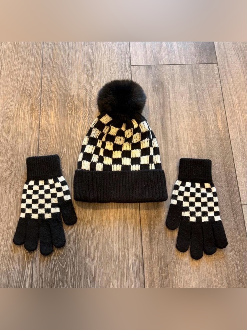Black & Cream Checker Knit Beanie and Gloves Set with Pom